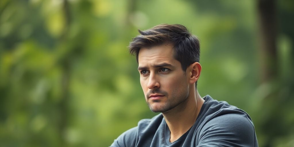 A man in contemplation, surrounded by a serene nature background.