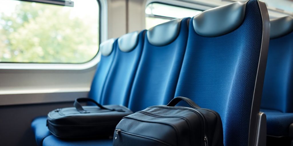 Clean public transport seat with a travel bag.