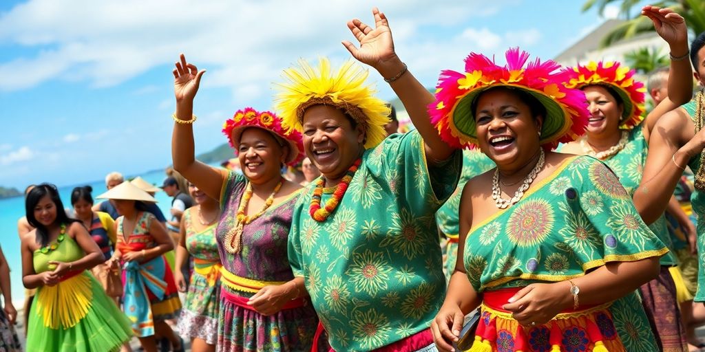 Marquesas Islanders in traditional dress celebrating at a festival.