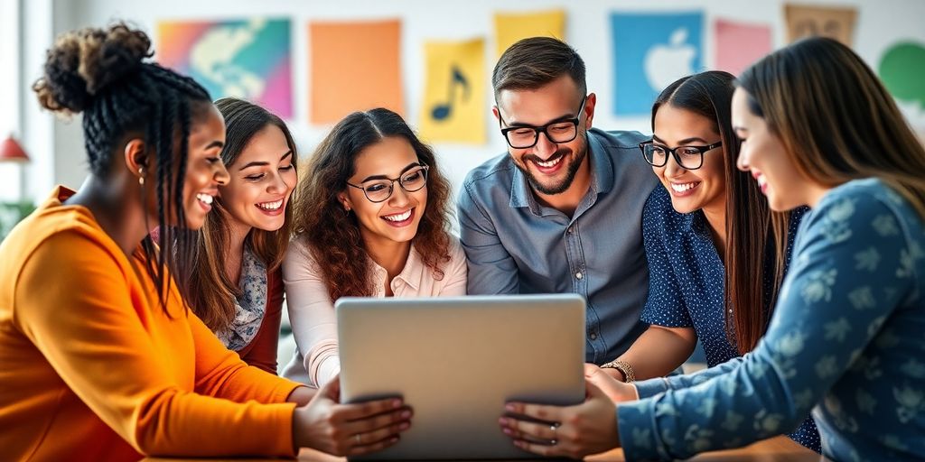 Diverse team collaborating on social media marketing strategies.
