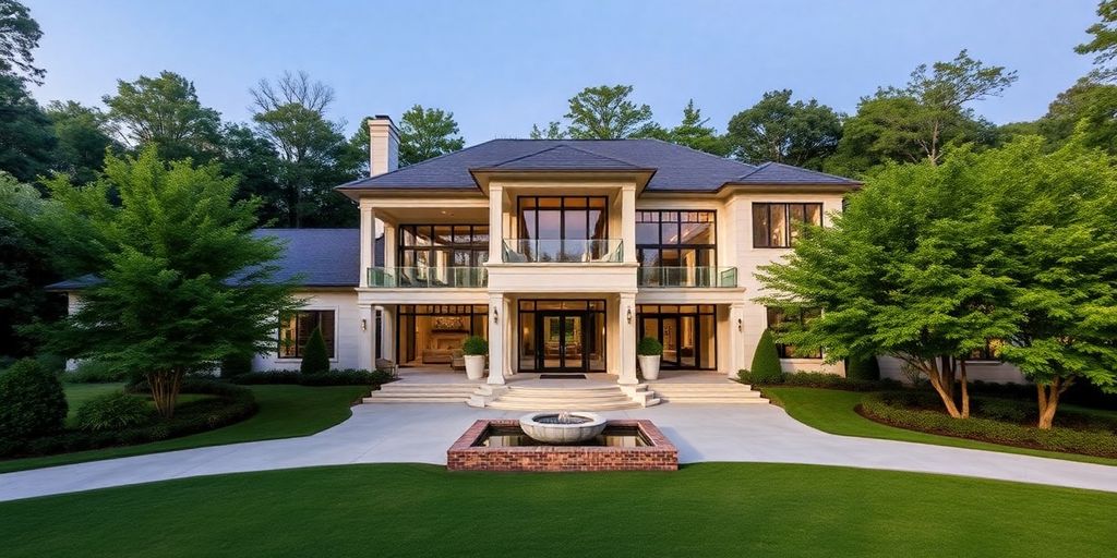 Luxurious Buckhead home exterior with manicured landscaping.