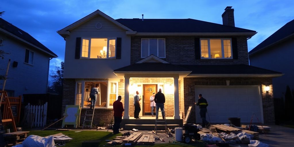 Home exterior with contractors working on renovation.