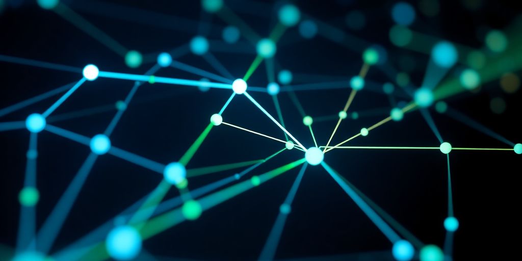 Close-up of blockchain nodes with digital connections.