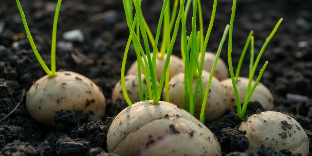 Connect aardappel in aarde met groene scheuten