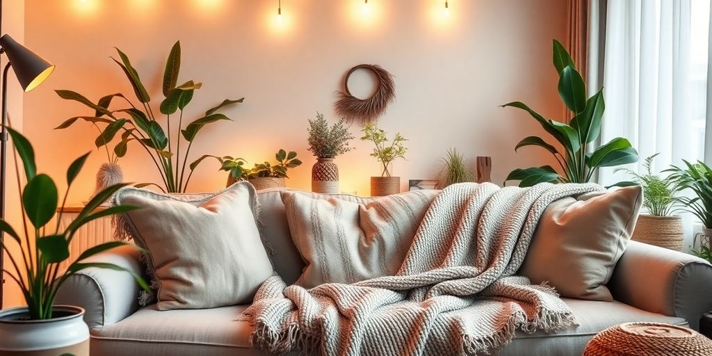 Cozy living room with soft lighting and plush cushions.