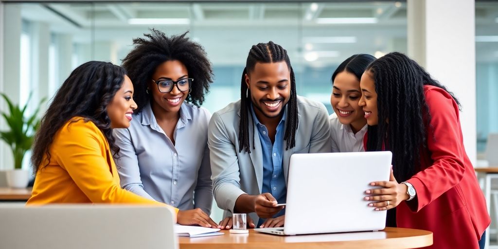 Diverse team collaborating on social media recruitment strategies.