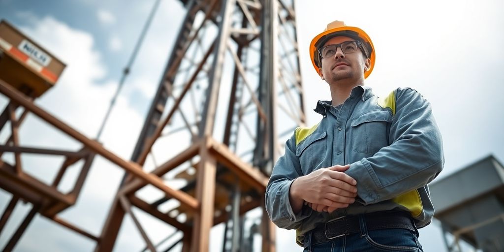 Oilfield worker in hard hat next to drilling rig.