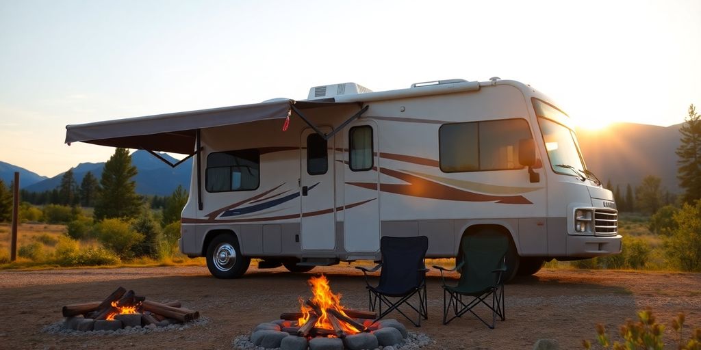 RV parked in a beautiful, serene natural landscape.