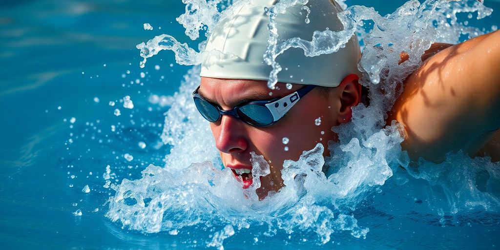 Swimmer's powerful freestyle stroke with water splashing