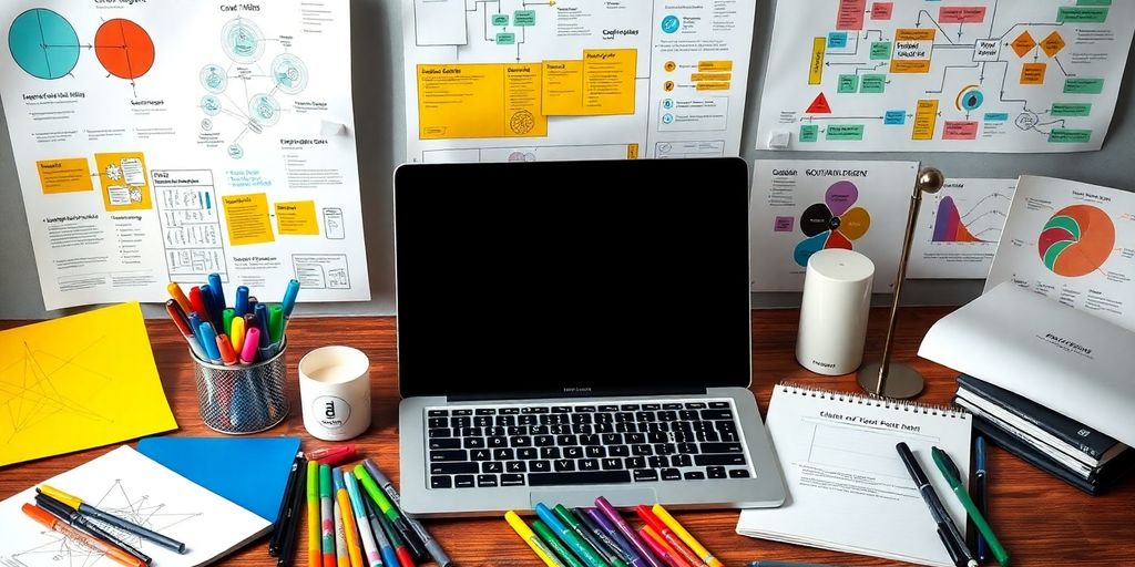 A creative workspace with design tools and colorful diagrams.