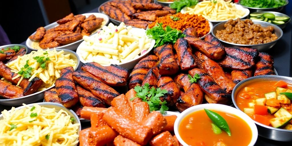 อาหารฮาลาลหลากหลายชนิดบนโต๊ะอาหารที่น่ากิน