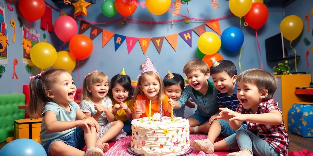 Children enjoying a festive party with balloons and decorations.
