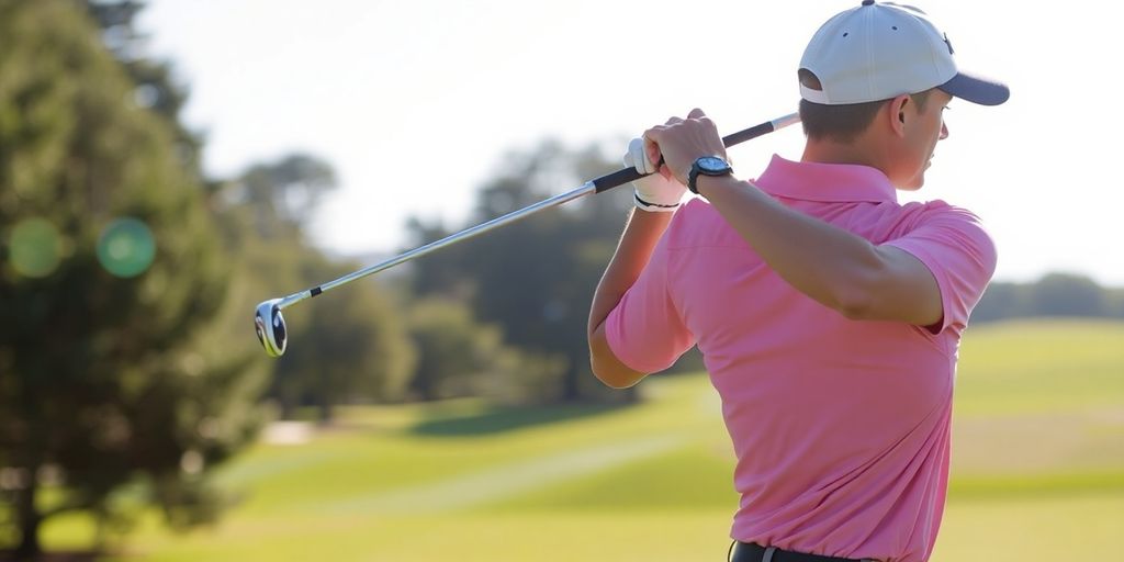 Golfer performing drill with alignment sticks.