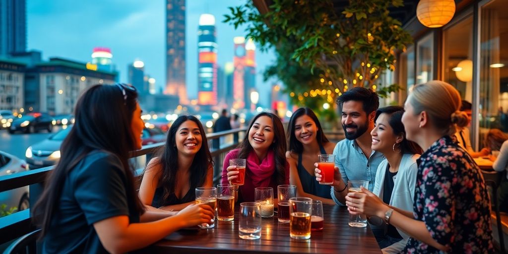 Expats socialising at a café in Shanghai's nightlife.