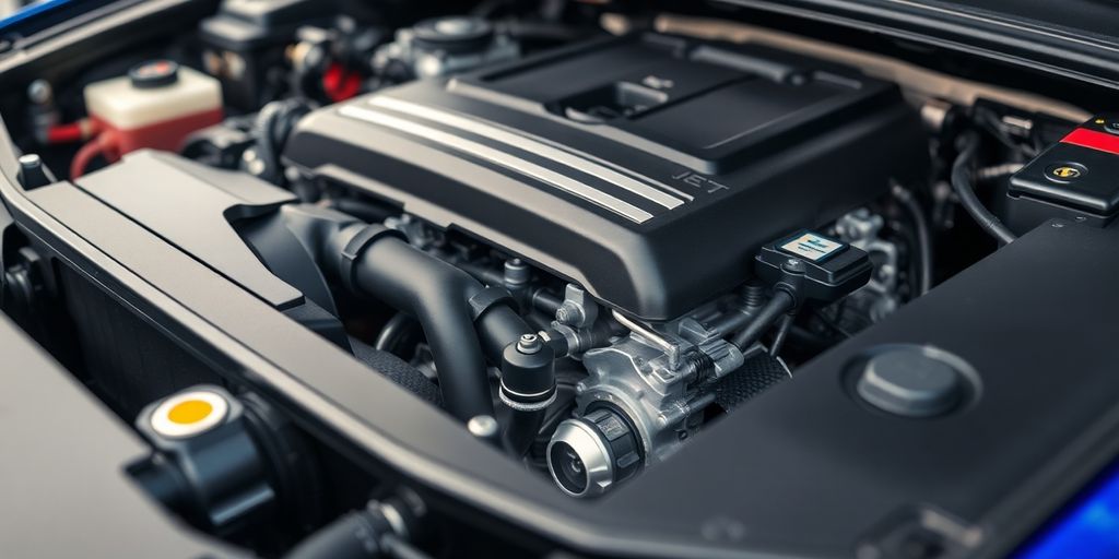 Close-up of a car engine with detailed components.