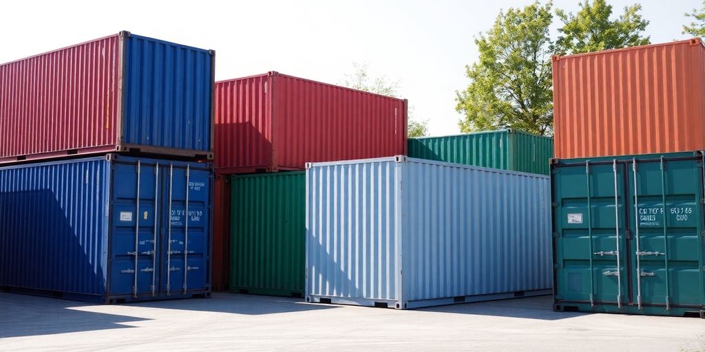 Shipping containers stacked in a sunny yard.