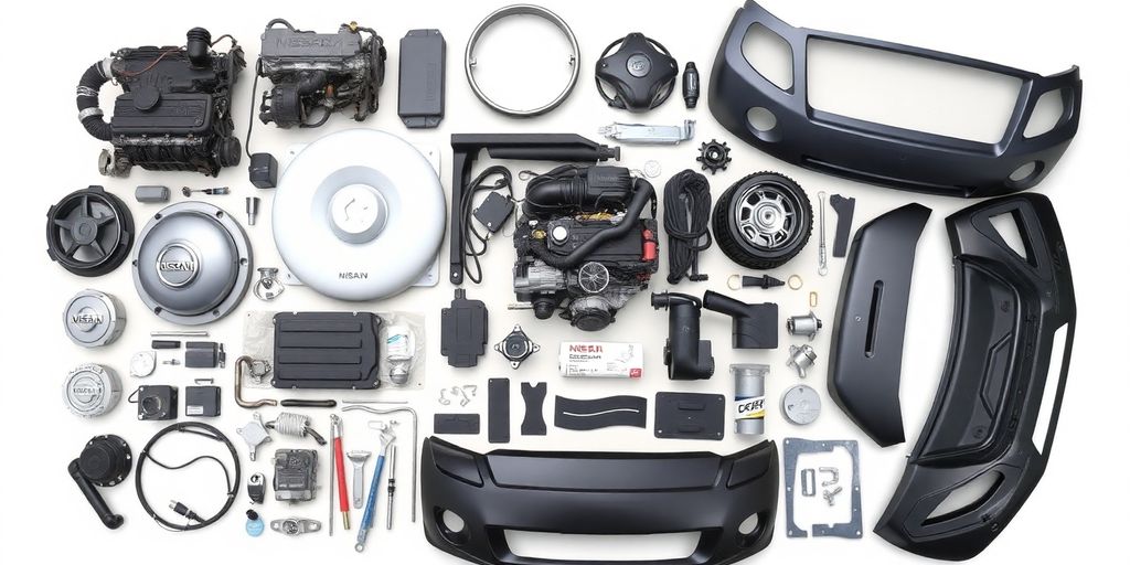Nissan car parts laid out on a clean surface.