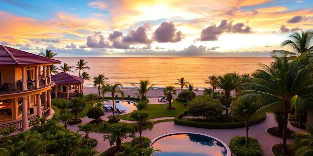 El Ganzo resort with sunset and beachfront view.