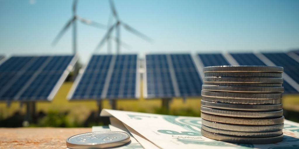 Pièces, billets, éoliennes et panneaux solaires