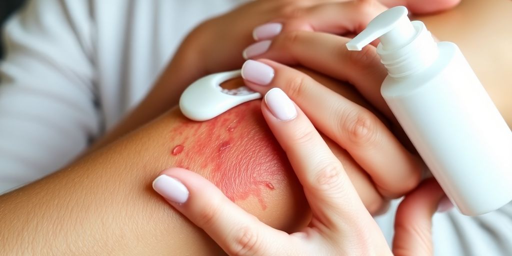 Person applying lotion to red, itchy skin.