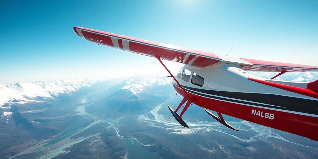 A small seaplane flying over snow-covered Alaskan mountain peaks.