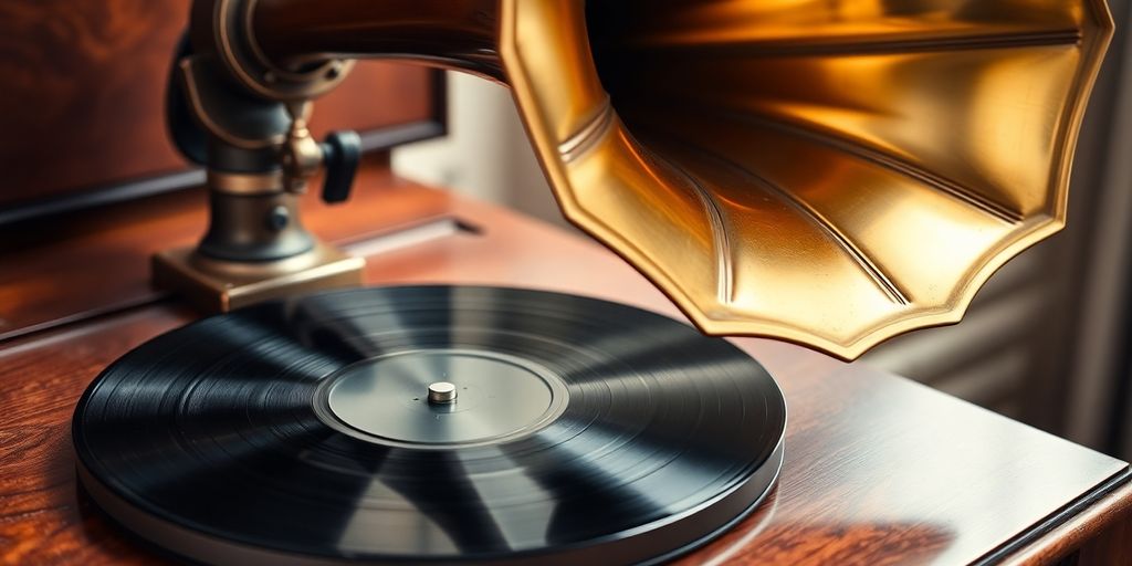 Early record player with spinning disc and horn speaker.