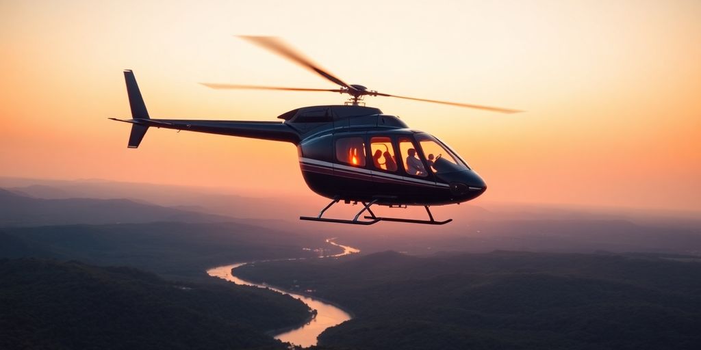 Helicopter soaring above a scenic landscape at sunset