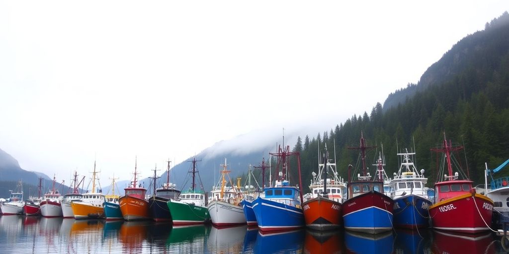 Boats docked in a harbor with a misty mountain backdrop.