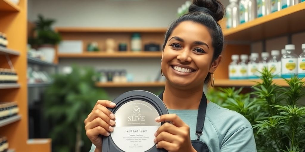 Budtender holding award, smiling.