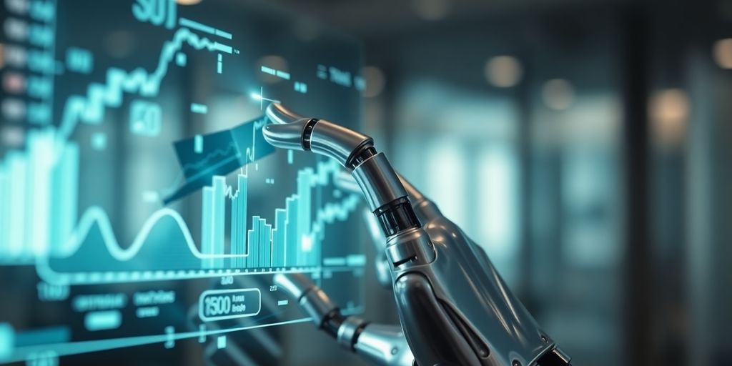 Robotic hand touching glowing financial data.