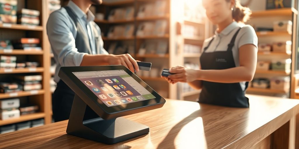 Kassamedewerker scant product terwijl klant creditcard aanbiedt bij moderne kassa