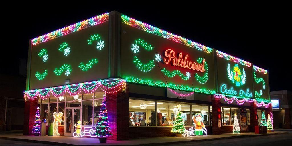 Festive commercial building illuminated with vibrant Christmas lights.