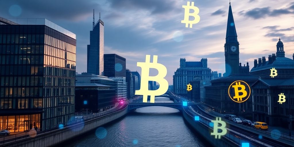UK cityscape with cryptocurrency symbols overlay.