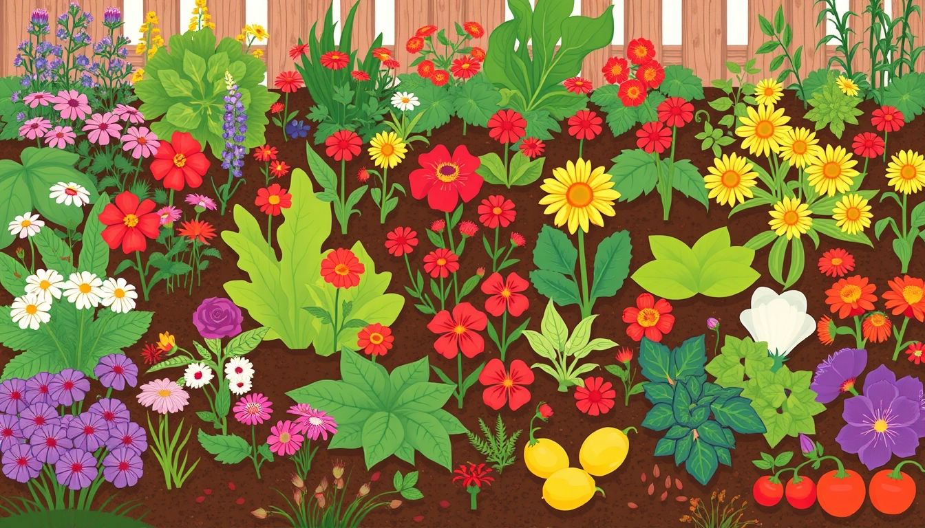 Illustrative garden with seasonal plants and sustainable practices.