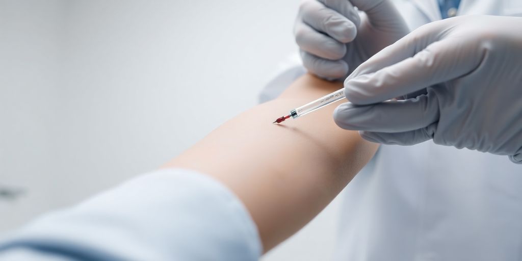 Person's arm getting blood drawn at clinic.