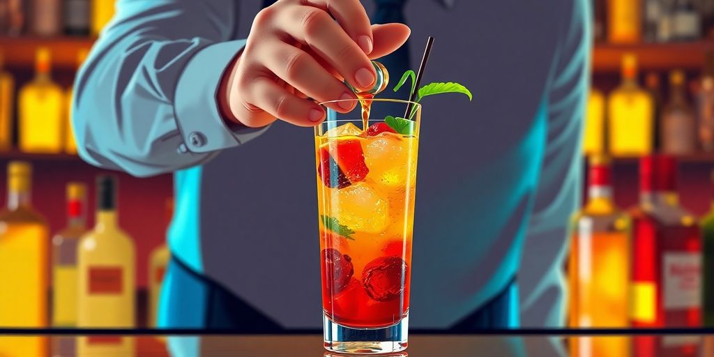 Bartender mixing colorful drinks in a vibrant bar.