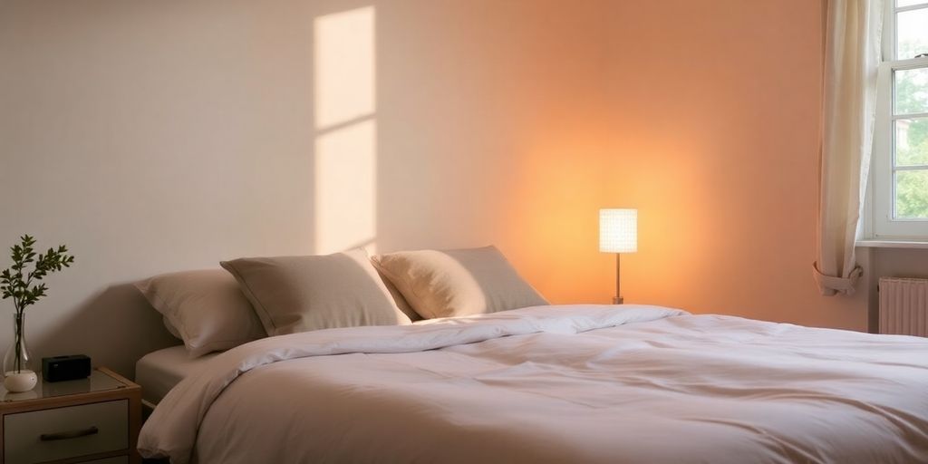 Peaceful bedroom with soft lighting for sleep.