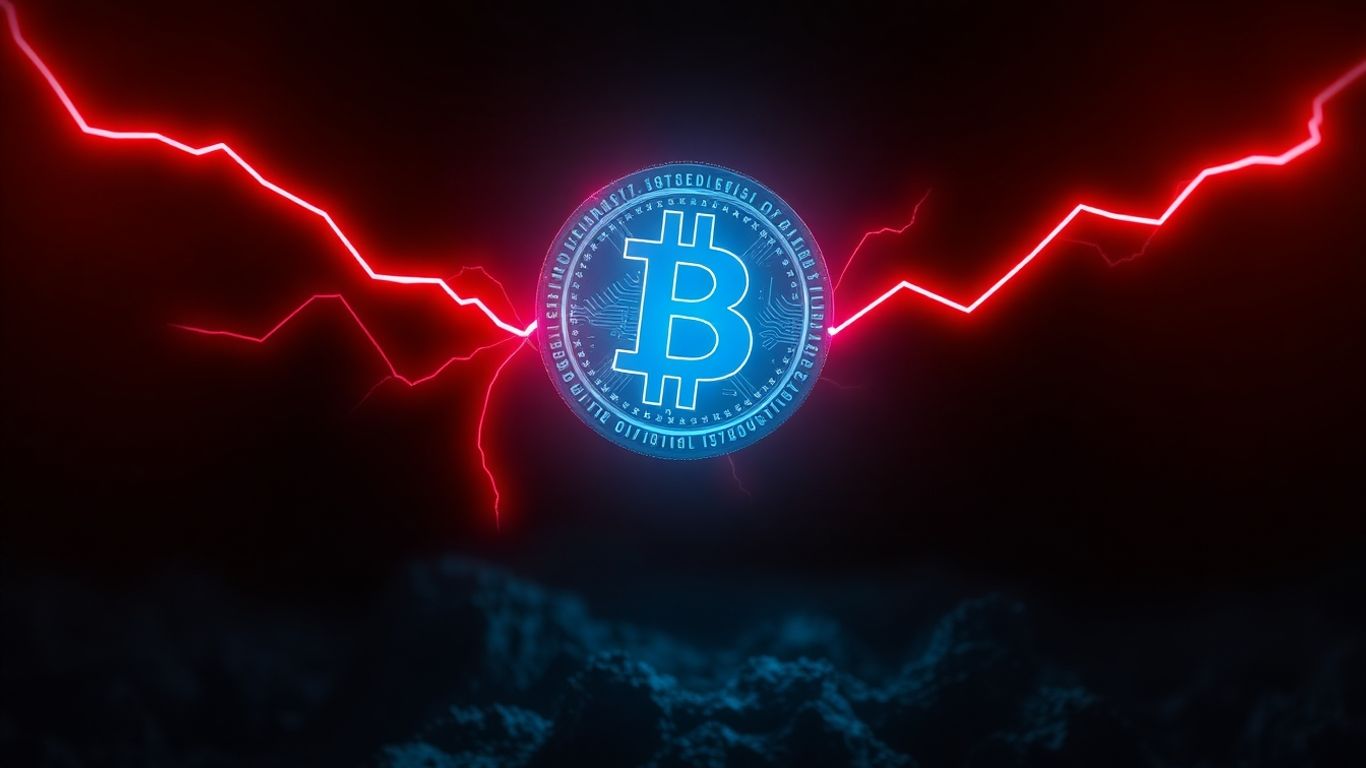 Glowing digital coin above turbulent background with red energy.