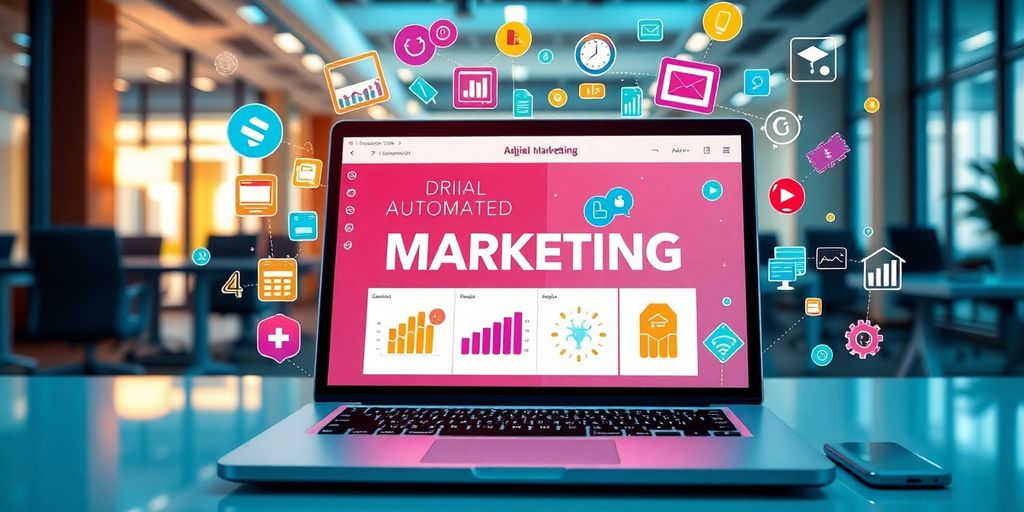 Imagem de laptop com ferramentas de marketing digital.