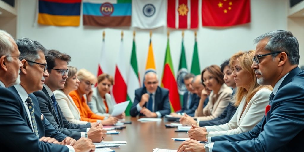 Groupe de politiciens en discussion sérieuse.
