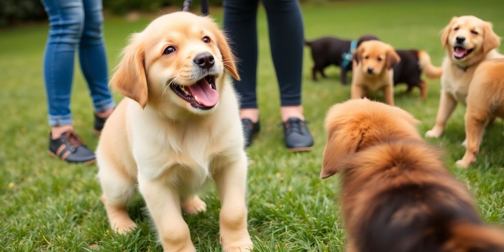 Happy puppy learning in a sunny training class.