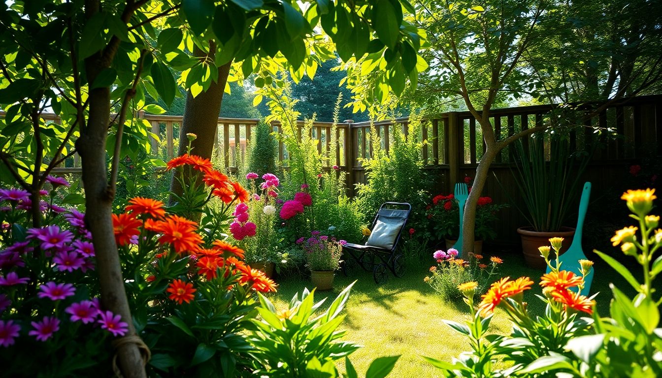 Lush garden with flowers and eco-friendly tools.
