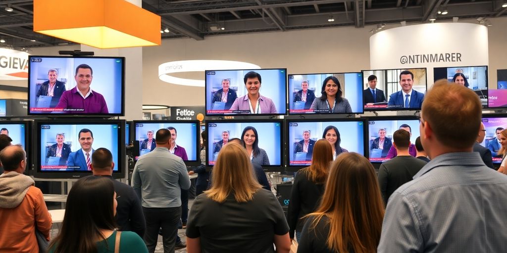 Virtual trade show with attendees using video conferencing tools.