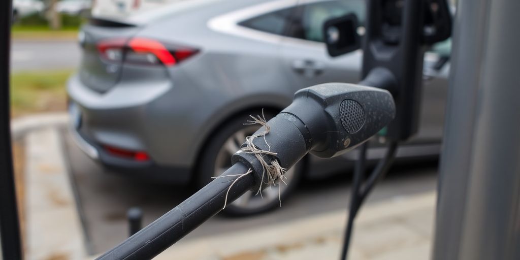 Cut EV charging cable with frayed ends and vehicle nearby.
