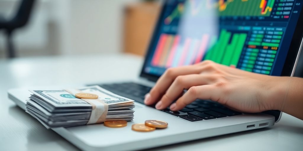 Laptop with stock market data, money.