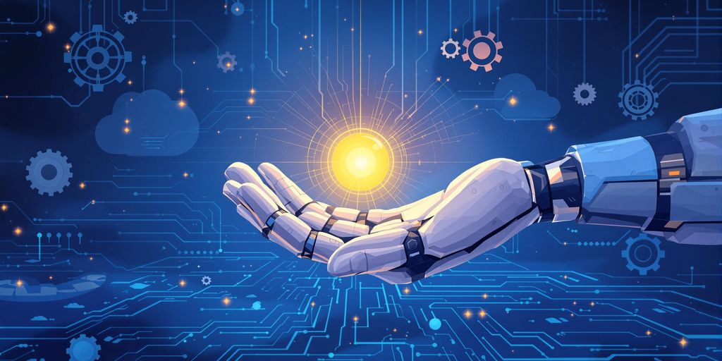 Robotic hand holding a glowing orb in a digital landscape.