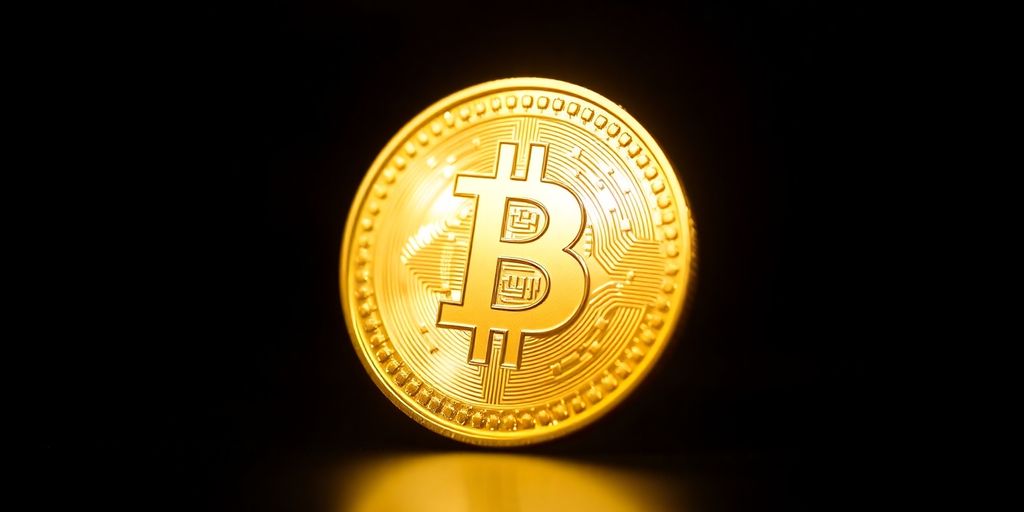 Golden crypto coin with glowing aura.