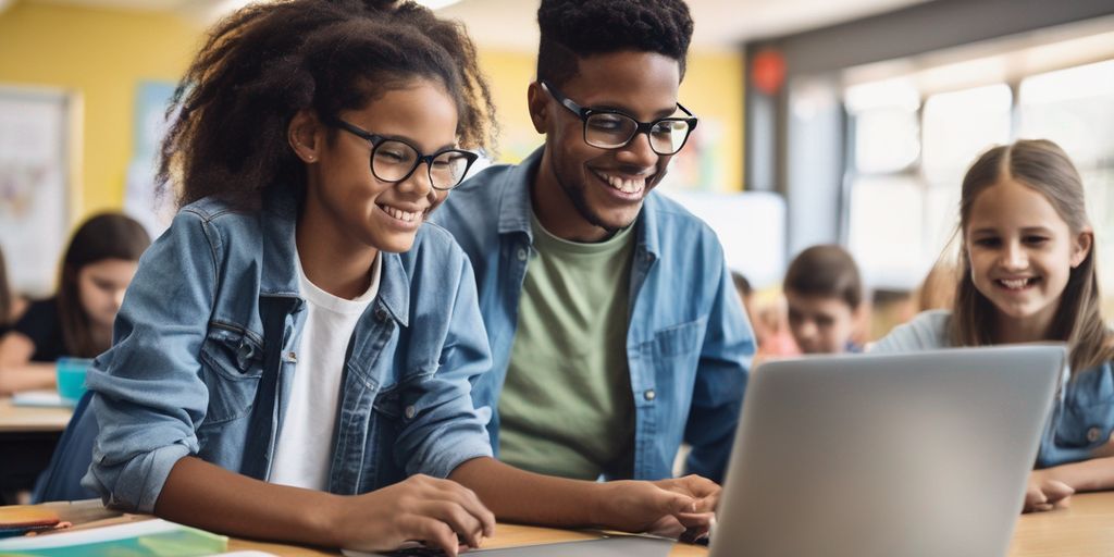 teacher using Canva on computer in classroom with students
