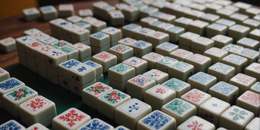 Close-up of Mahjong tiles with intricate designs and symbols.