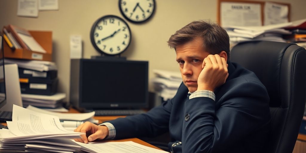 Bored office worker surrounded by clutter and paperwork.